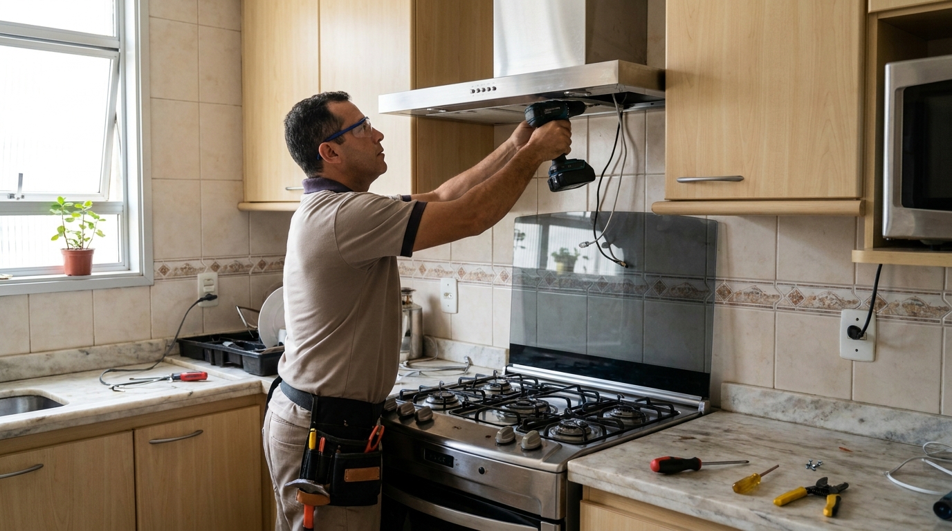 Eletricista instalando coifa em Cabo Frio‑RJ