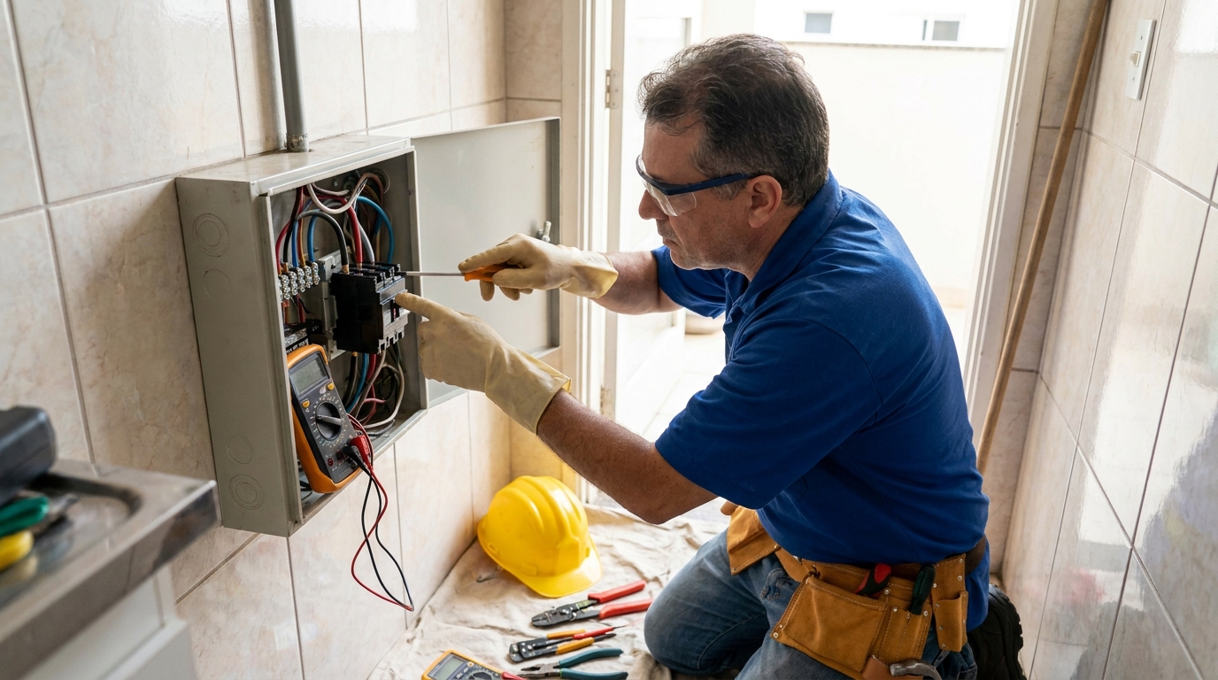 Eletricista instalando disjuntor em Cabo Frio‑RJ