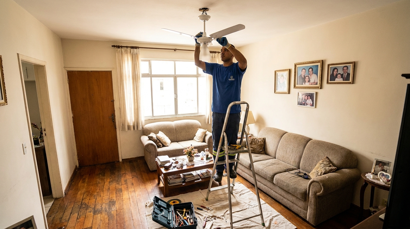 Eletricista instalando ventilador de teto em Cabo Frio‑RJ